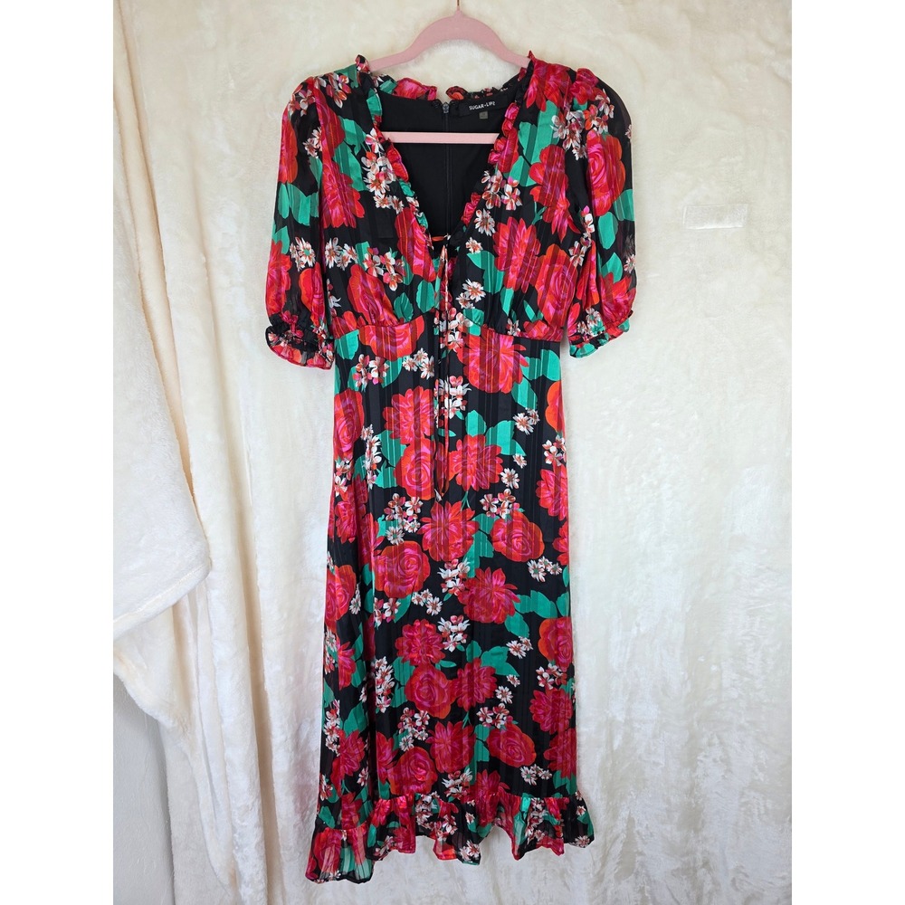 Sugar Lips Floral Pleated Midi Dress Red Green Black Puff Sleeve XS